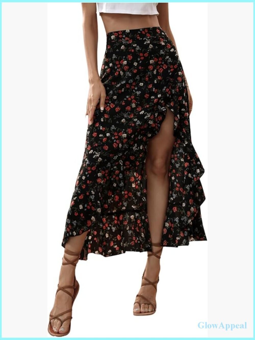 Boho Floral High Waist Maxi Skirt with Ruffle Trim Thigh Split Asymmetrical Hem